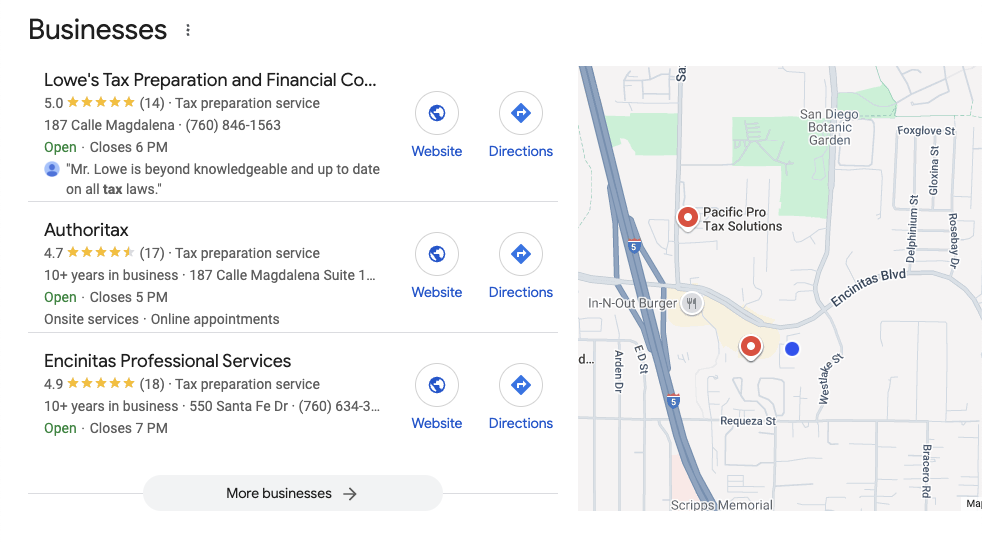 Map displaying three business listings for tax services with ratings, phone numbers, hours, and website links. The map shows their locations relative to each other.